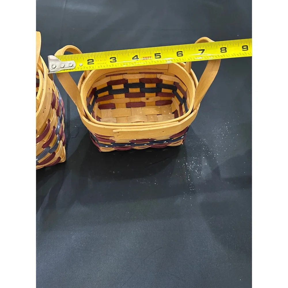 Primitive Woven Basket Set Americana Star Accent Nested Wood Handle Decor Pair